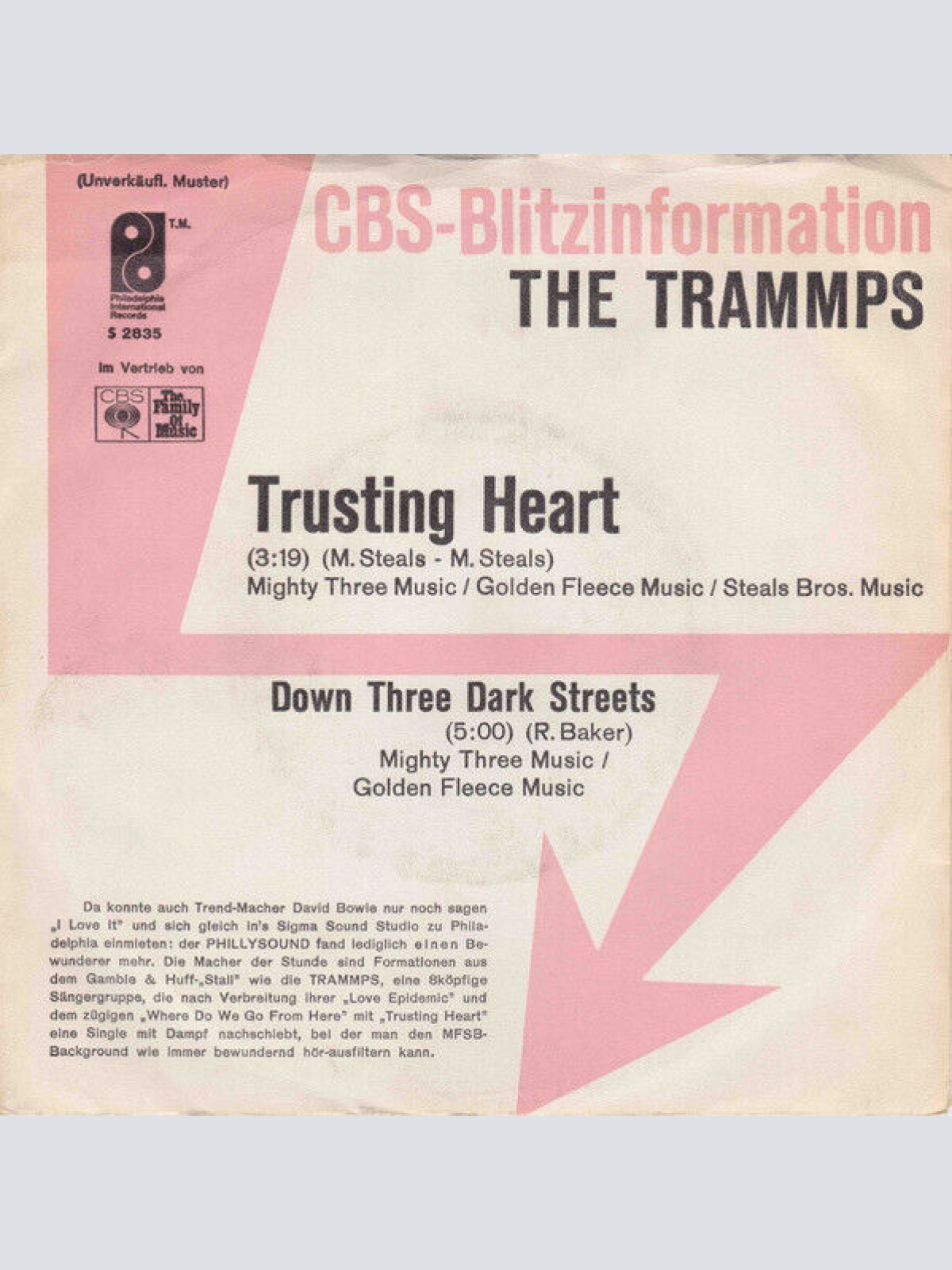 7", Promo The Trammps - Trusting Heart / Down Three Dark Streets