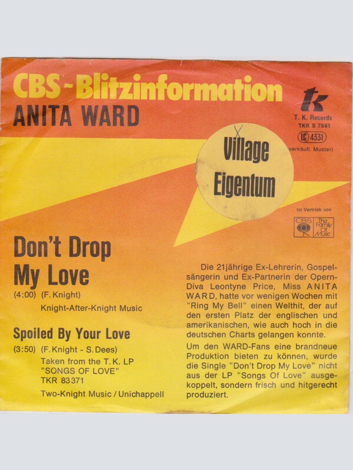 7", Single, Promo Anita Ward - Don't Drop My Love