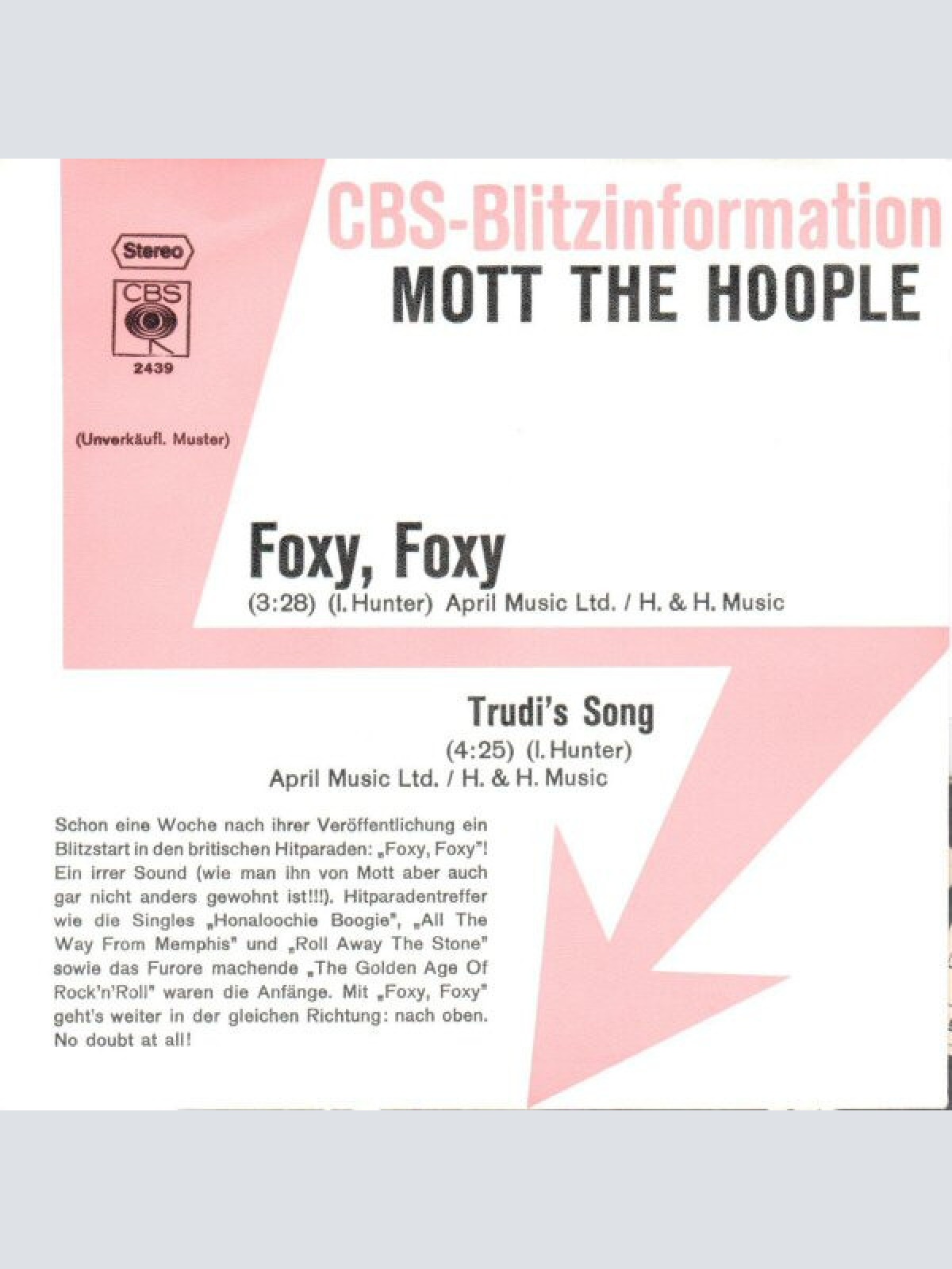 7", Single, Promo Mott The Hoople - Foxy, Foxy / Trudi's Song