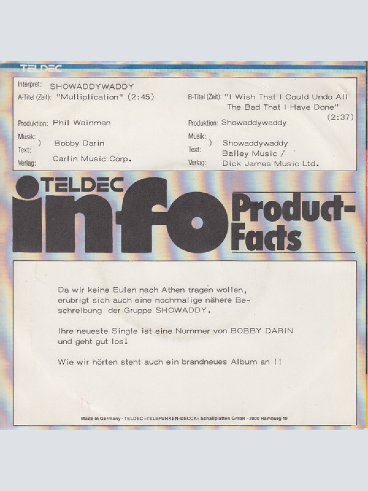 7", Single, Promo Showaddywaddy - Multiplication