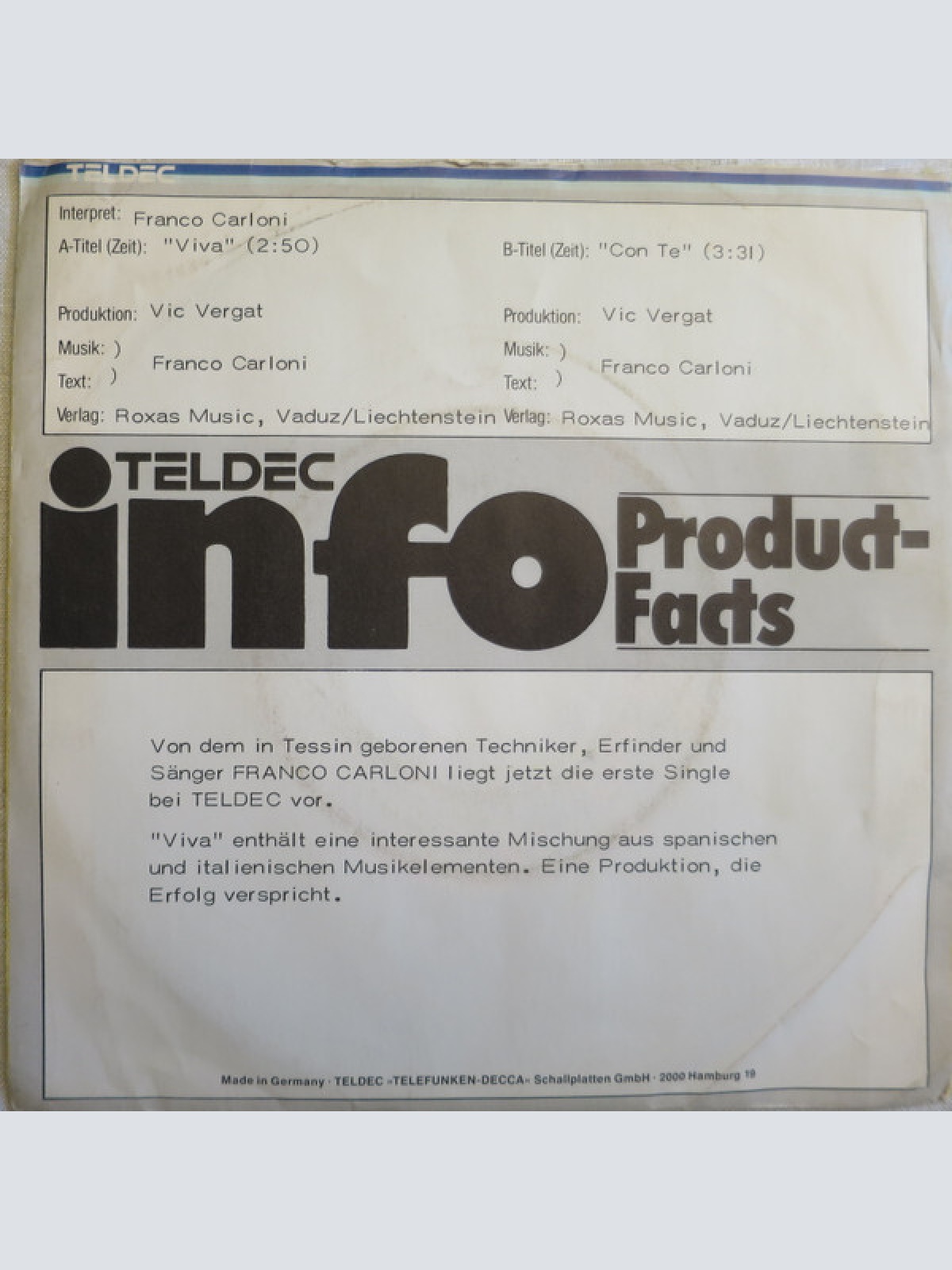 7", Single, Promo Franco Carloni - Viva