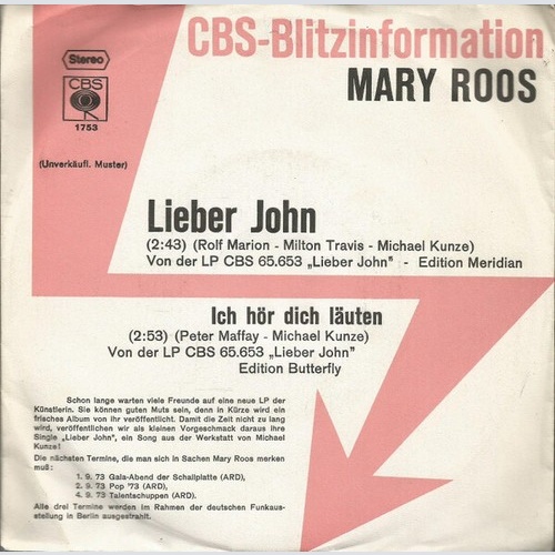 7", Single, Promo Mary Roos - Lieber John