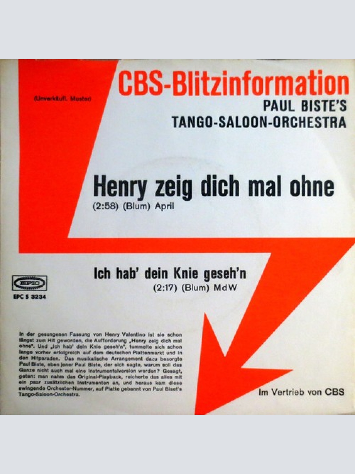 7", Single, Promo Paul Bistes Tango Saloon Orchestra - Henry Zeig Dich Mal Ohne