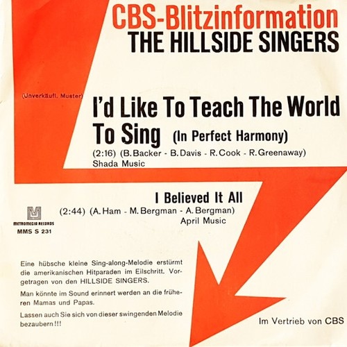 7", Single, Promo The Hillside Singers - I'd Like To Teach The World To Sing ...