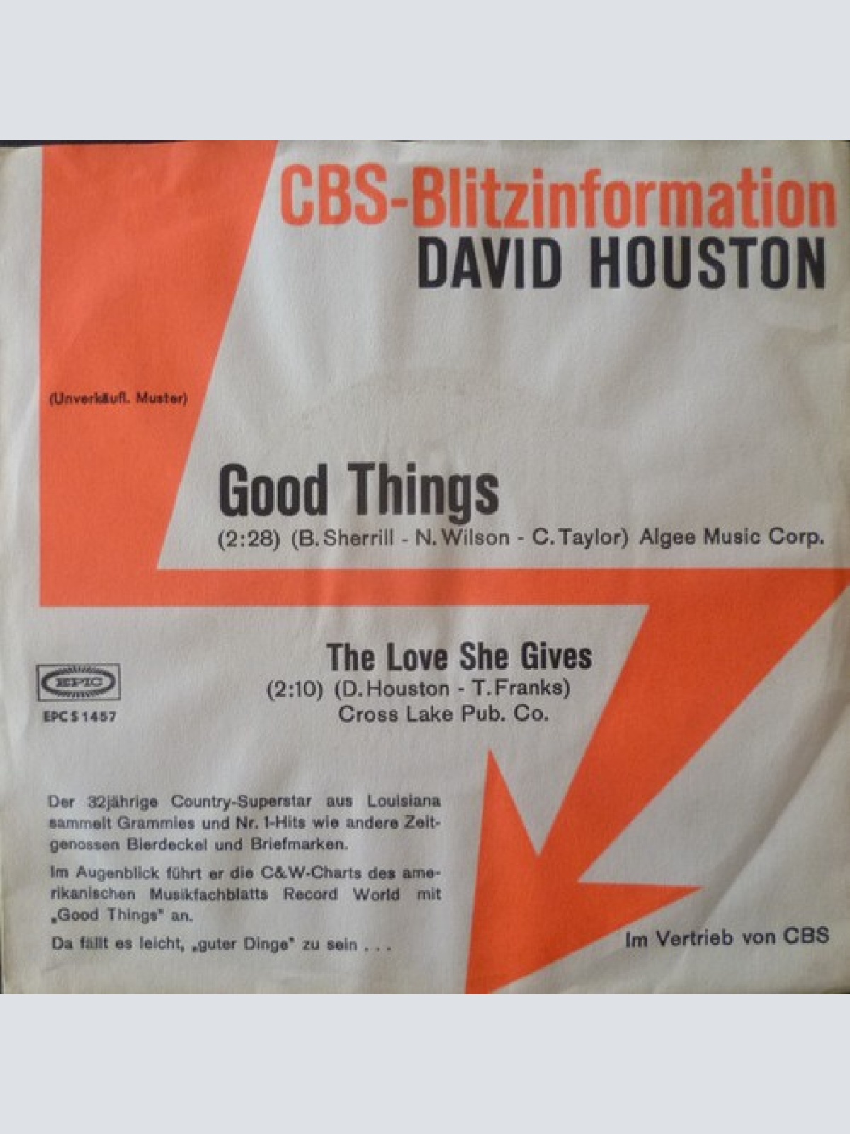 7", Single, Promo David Houston - Good Things / The Love She Gives