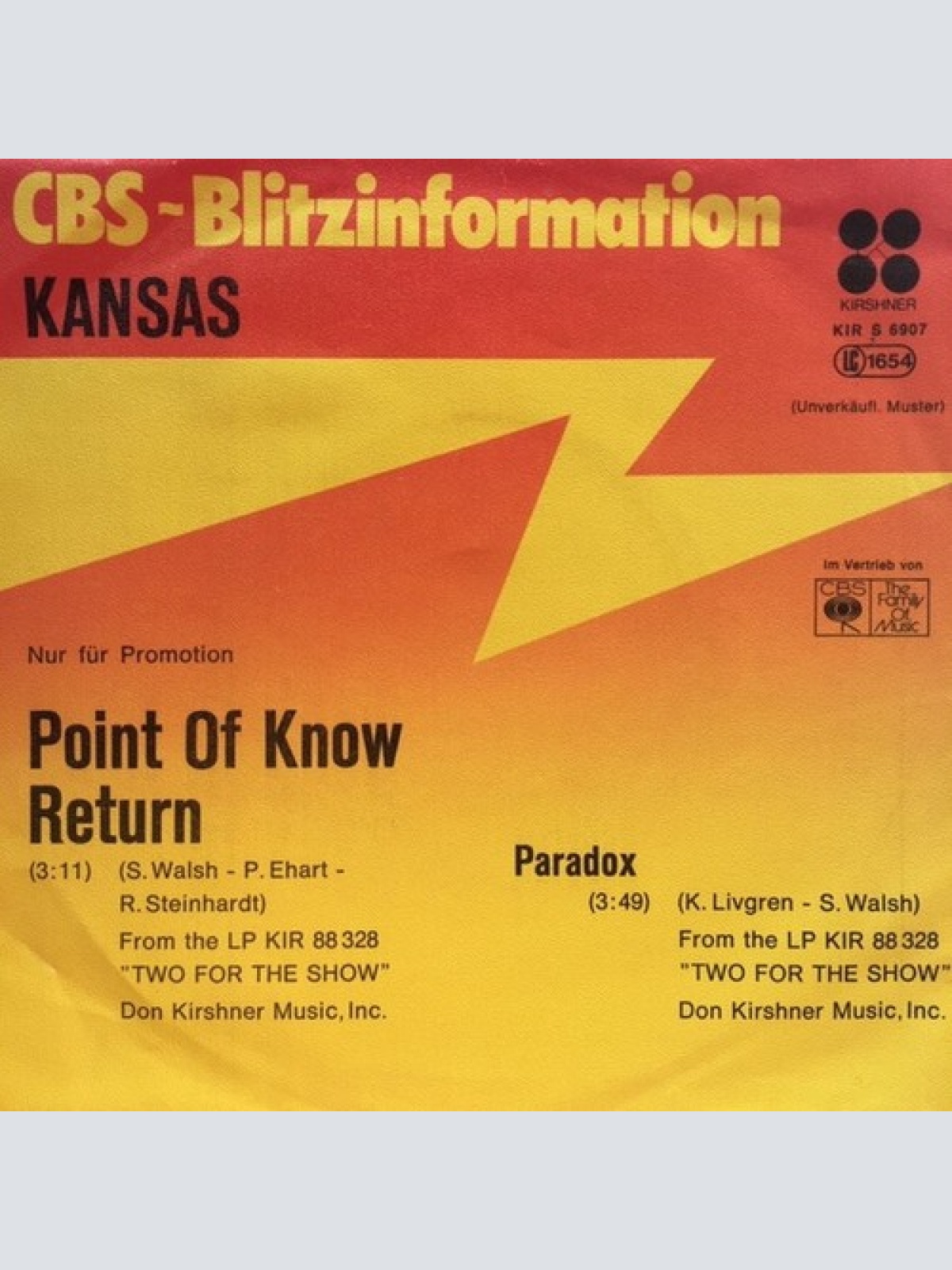 7", Single, Promo Kansas (2) - Point Of Know Return / Paradox