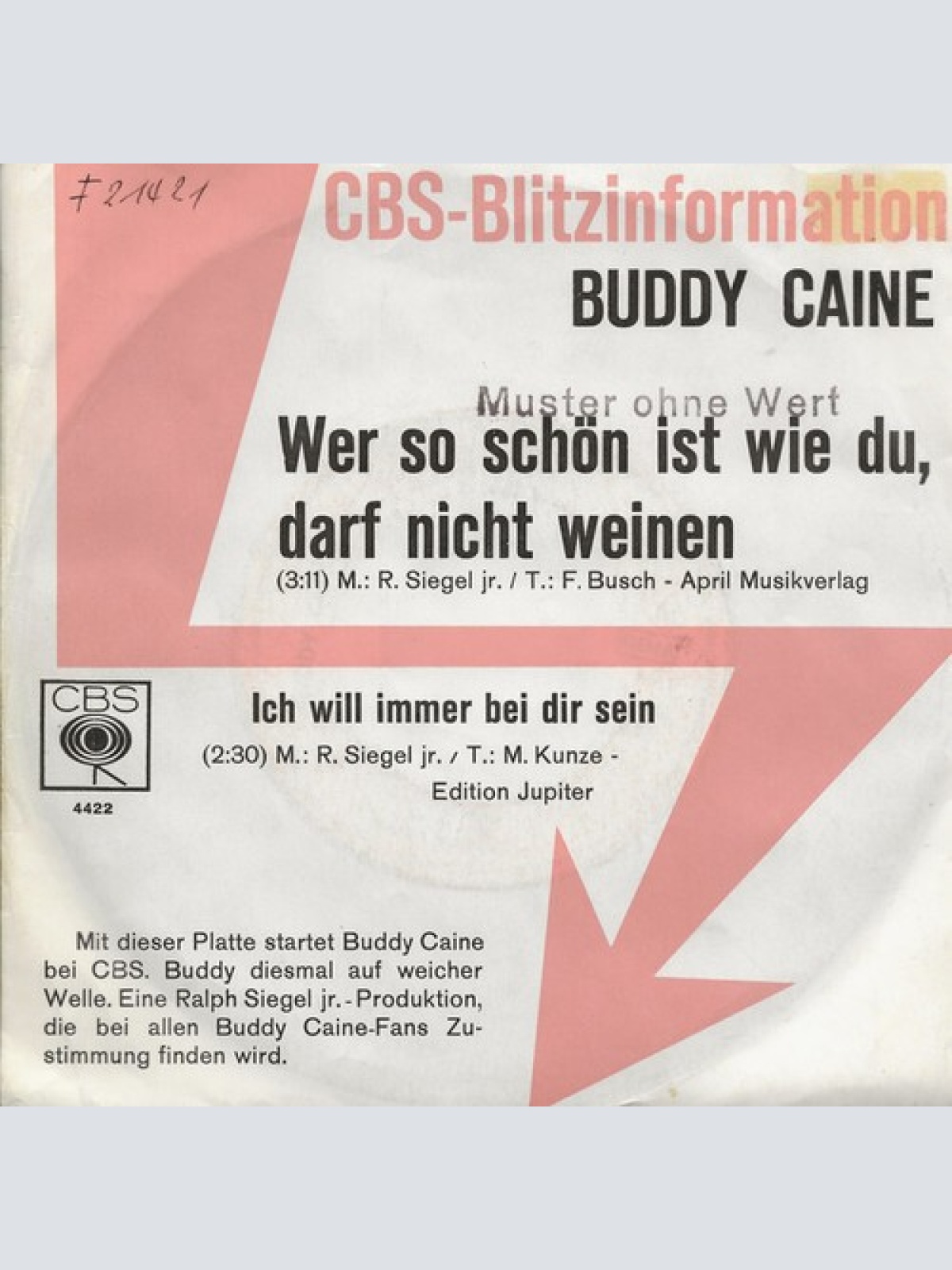 7", Single, Promo Buddy Caine - Wer So Schön Ist Wie Du, Darf Nicht Weinen