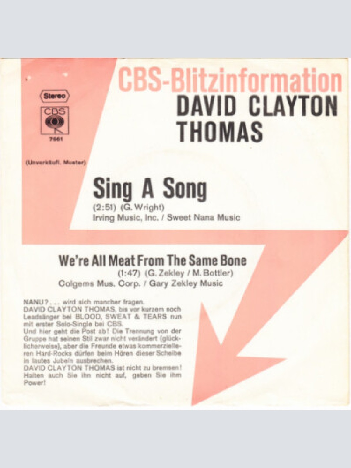 7", Single, Promo David Clayton Thomas* - Sing A Song