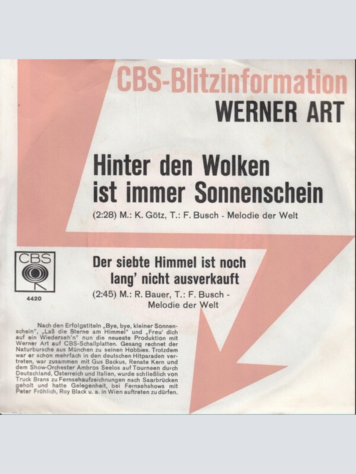 7", Single, Promo Werner Art - Hinter Den Wolken Ist Immer Sonnenschein