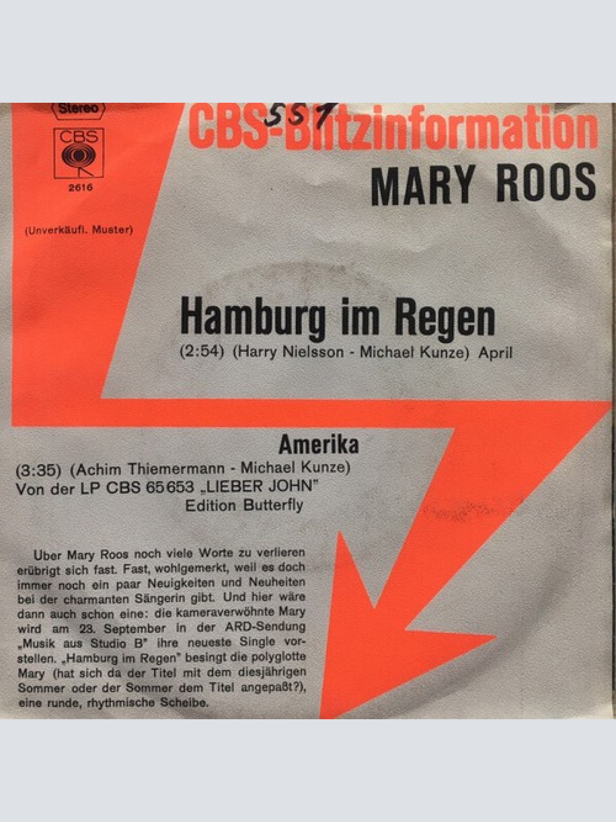 7", Single, Promo Mary Roos - Hamburg Im Regen