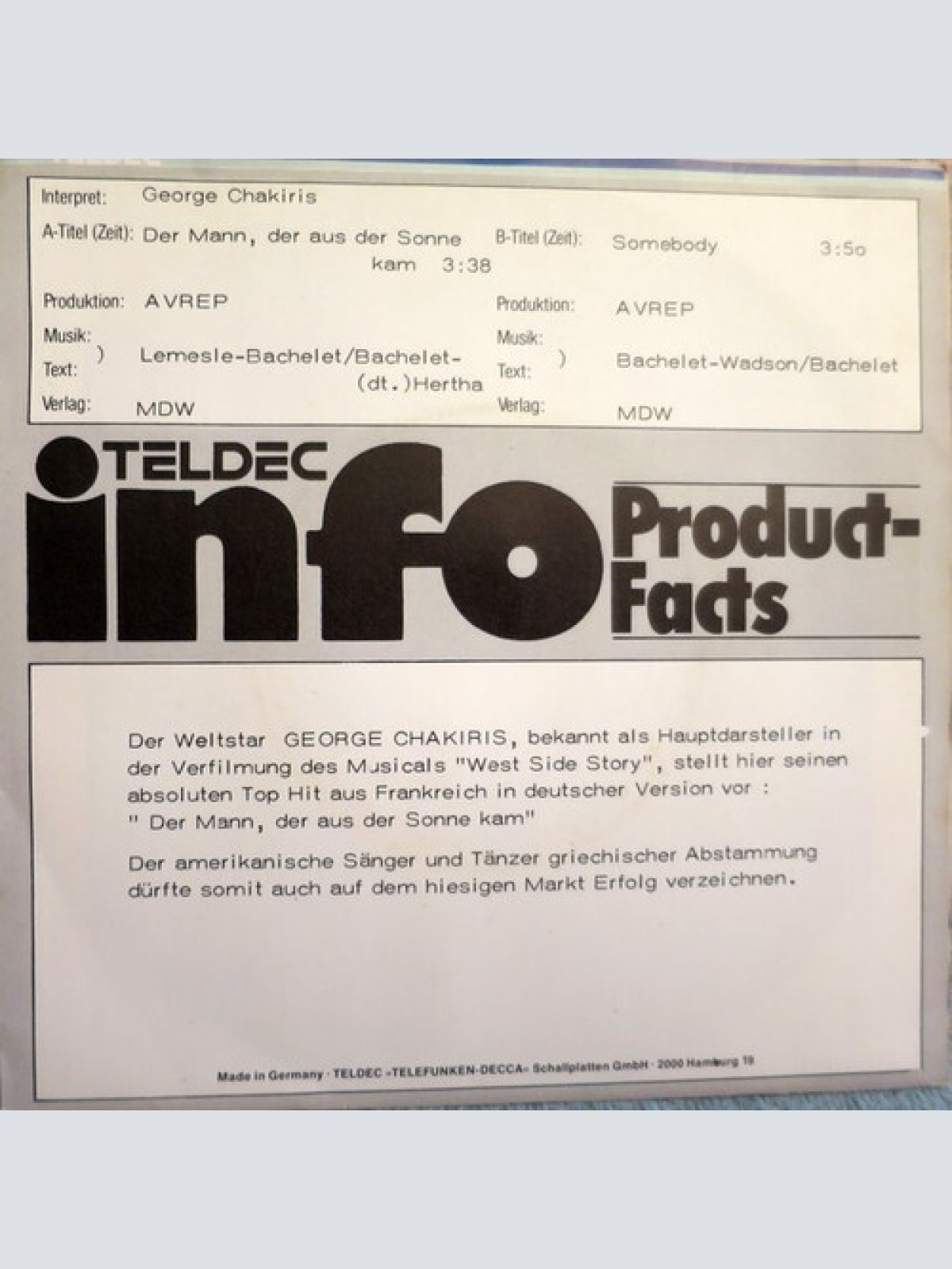 7", Single, Promo George Chakiris - Der Mann, Der Aus Der Sonne Kam / Somebody