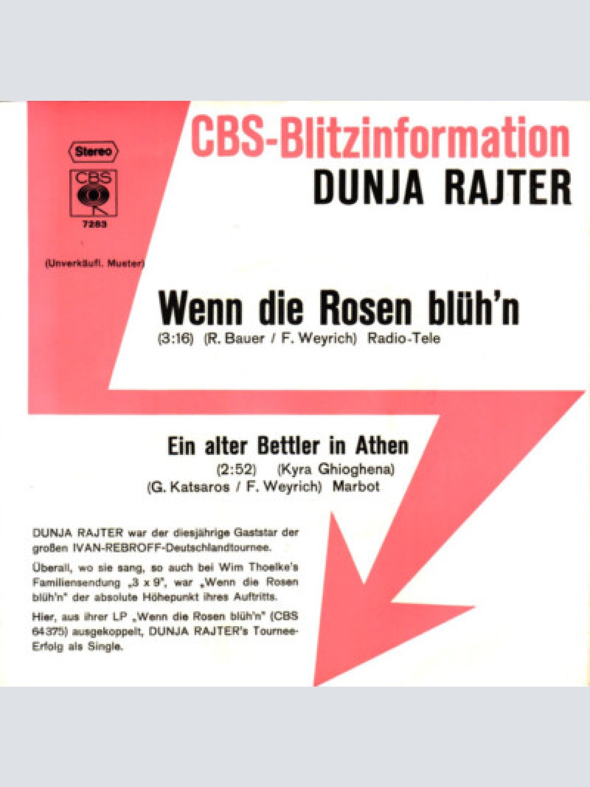 7", Single, Promo Dunja Rajter - Wenn Die Rosen Blüh'n