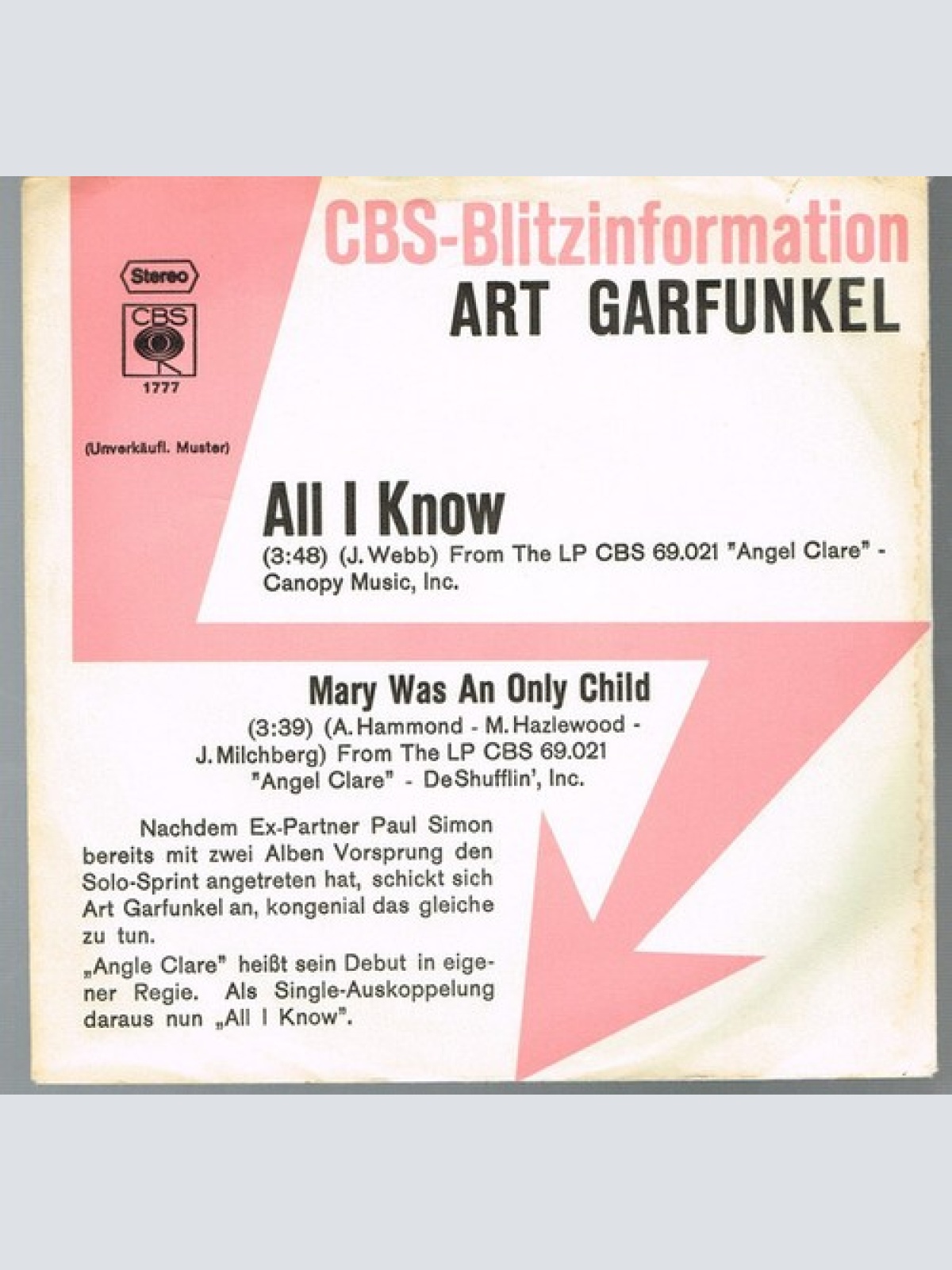 7", Single, Promo Art Garfunkel - All I Know / Mary Was An Only Child
