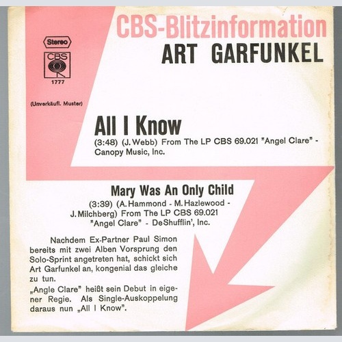 7", Single, Promo Art Garfunkel - All I Know / Mary Was An Only Child