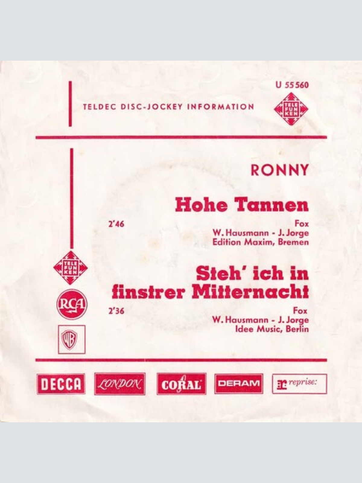 7", Single, Promo Ronny (4) - Hohe Tannen / Steh Ich In Finstrer Mitternacht