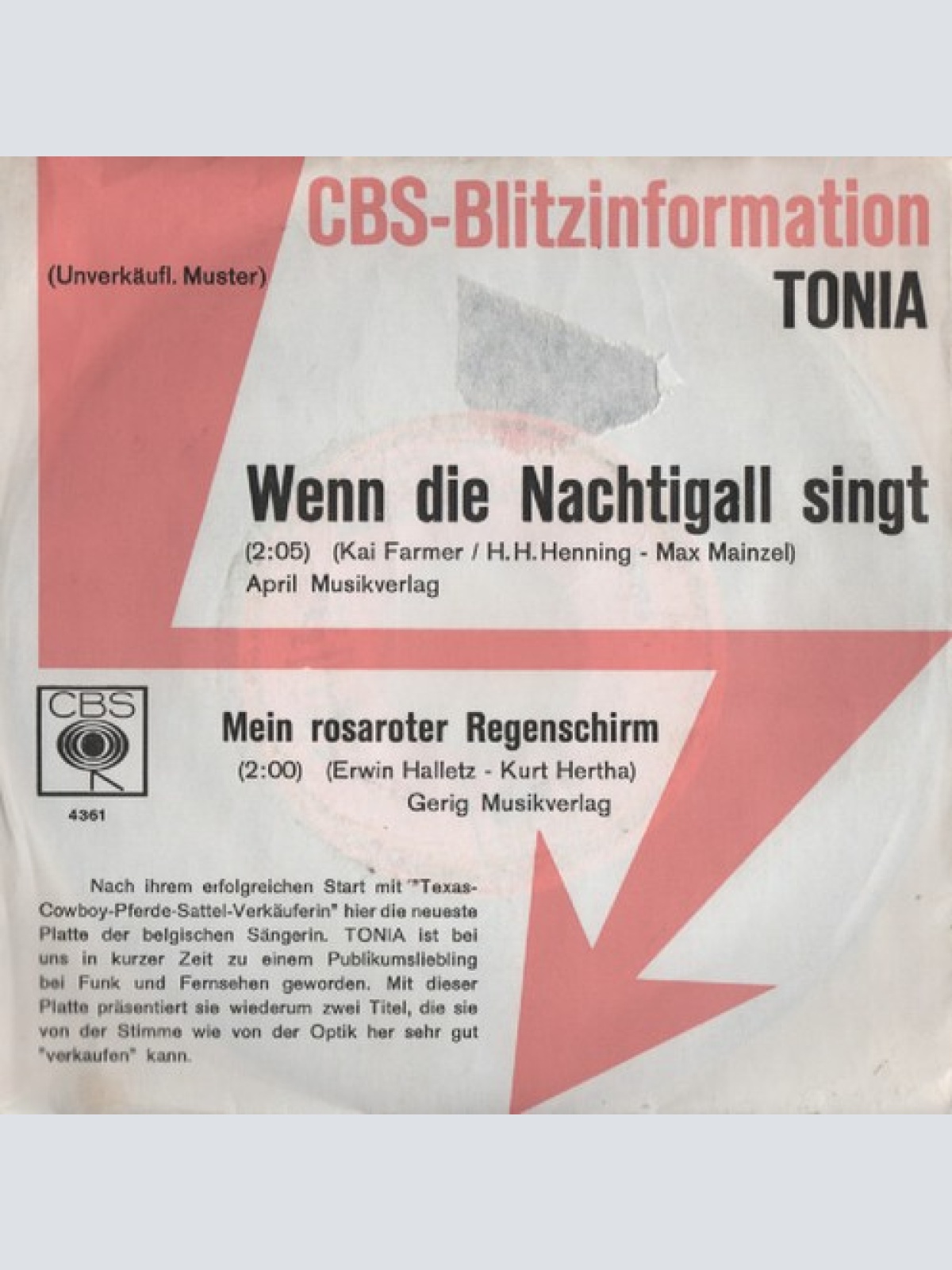 7", Single Tonia (3) - Wenn Die Nachtigall Singt / Mein Rosaroter Regenschirm