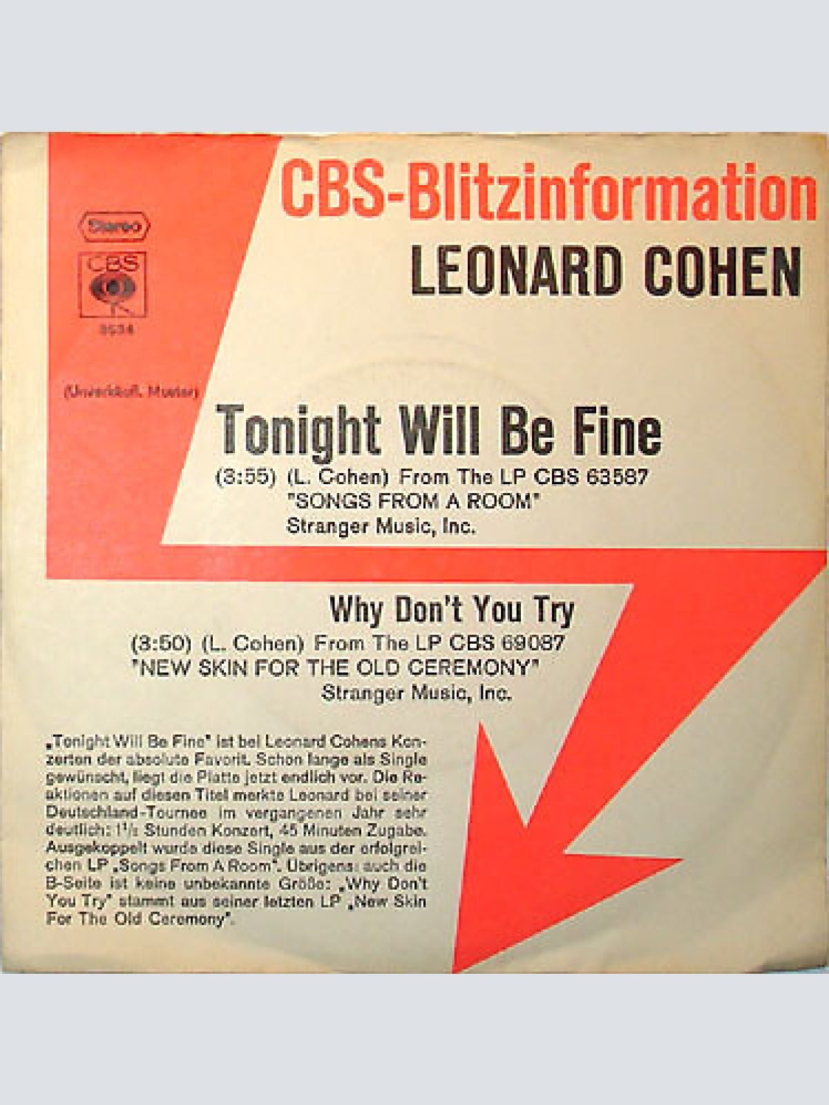7", Promo Leonard Cohen - Tonight Will Be Fine / Why Don't You Try