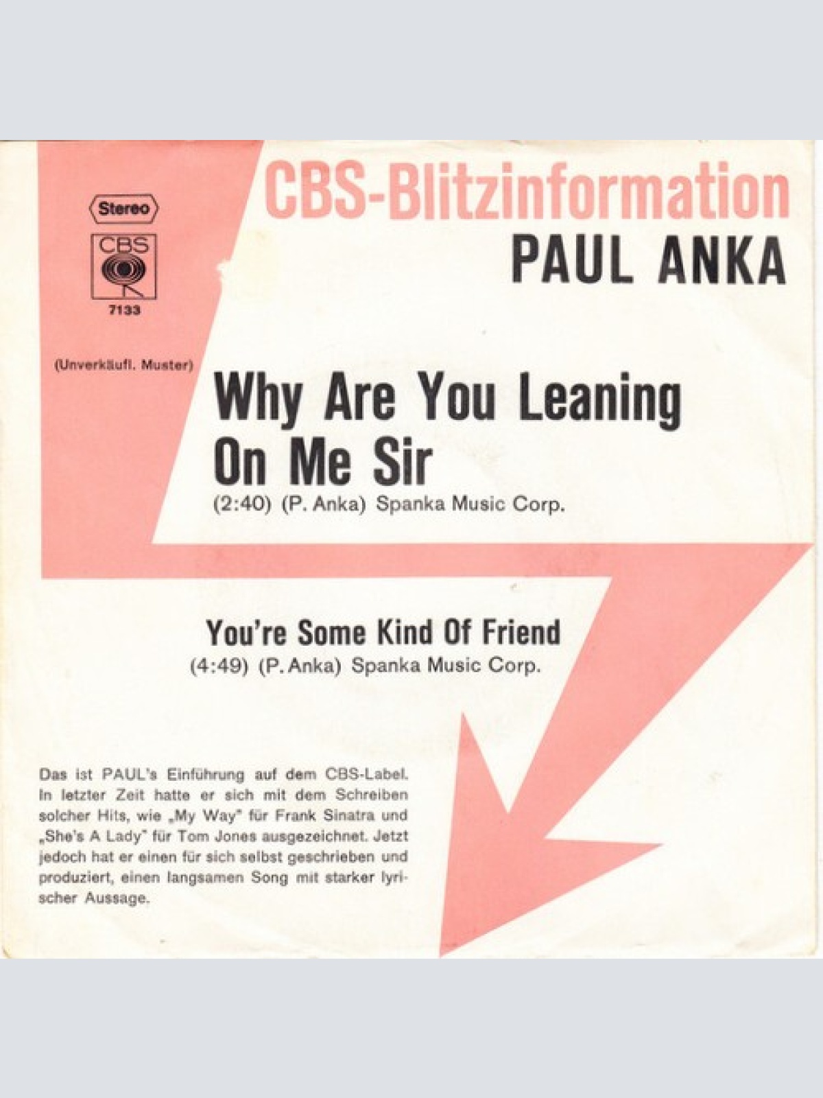 7", Single, Promo Paul Anka - Why Are You Leaning On Me Sir