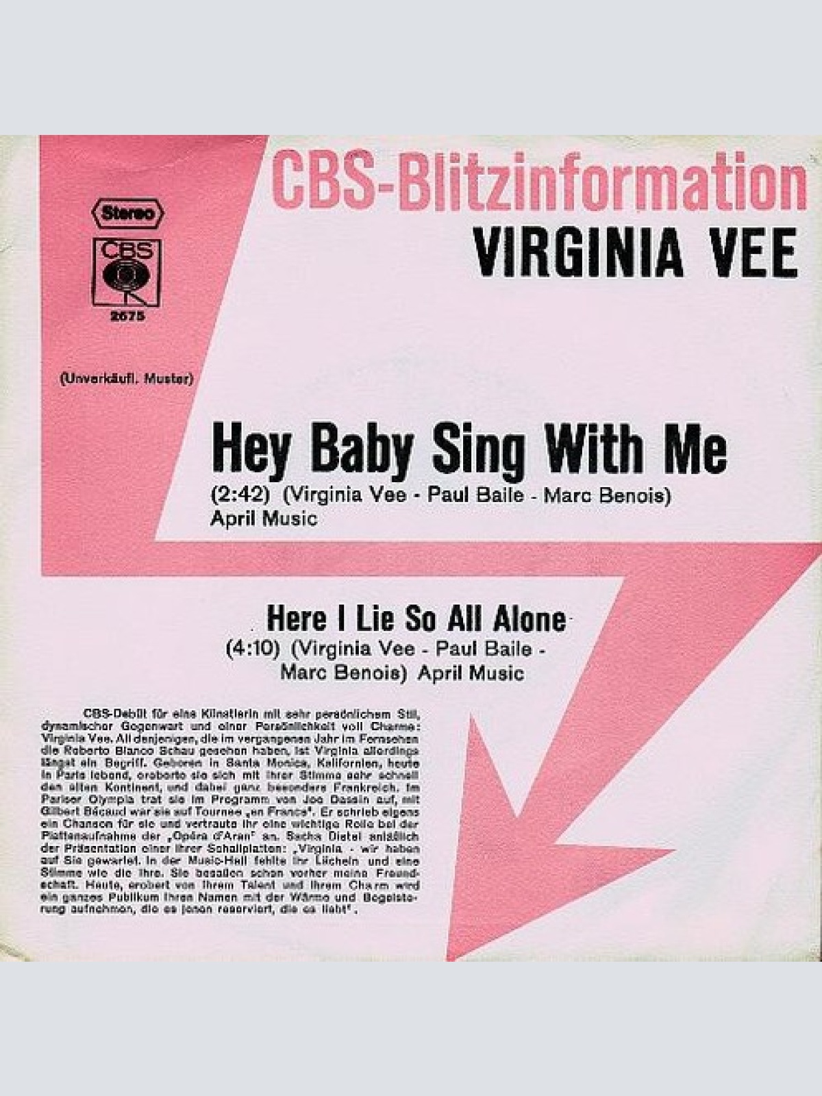 7", Single, Promo Virginia Vee - Hey Baby Sing With Me