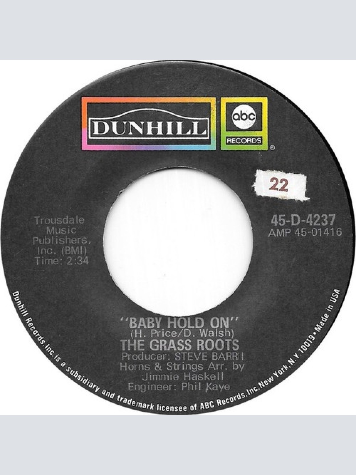 7", Single The Grass Roots - Baby Hold On