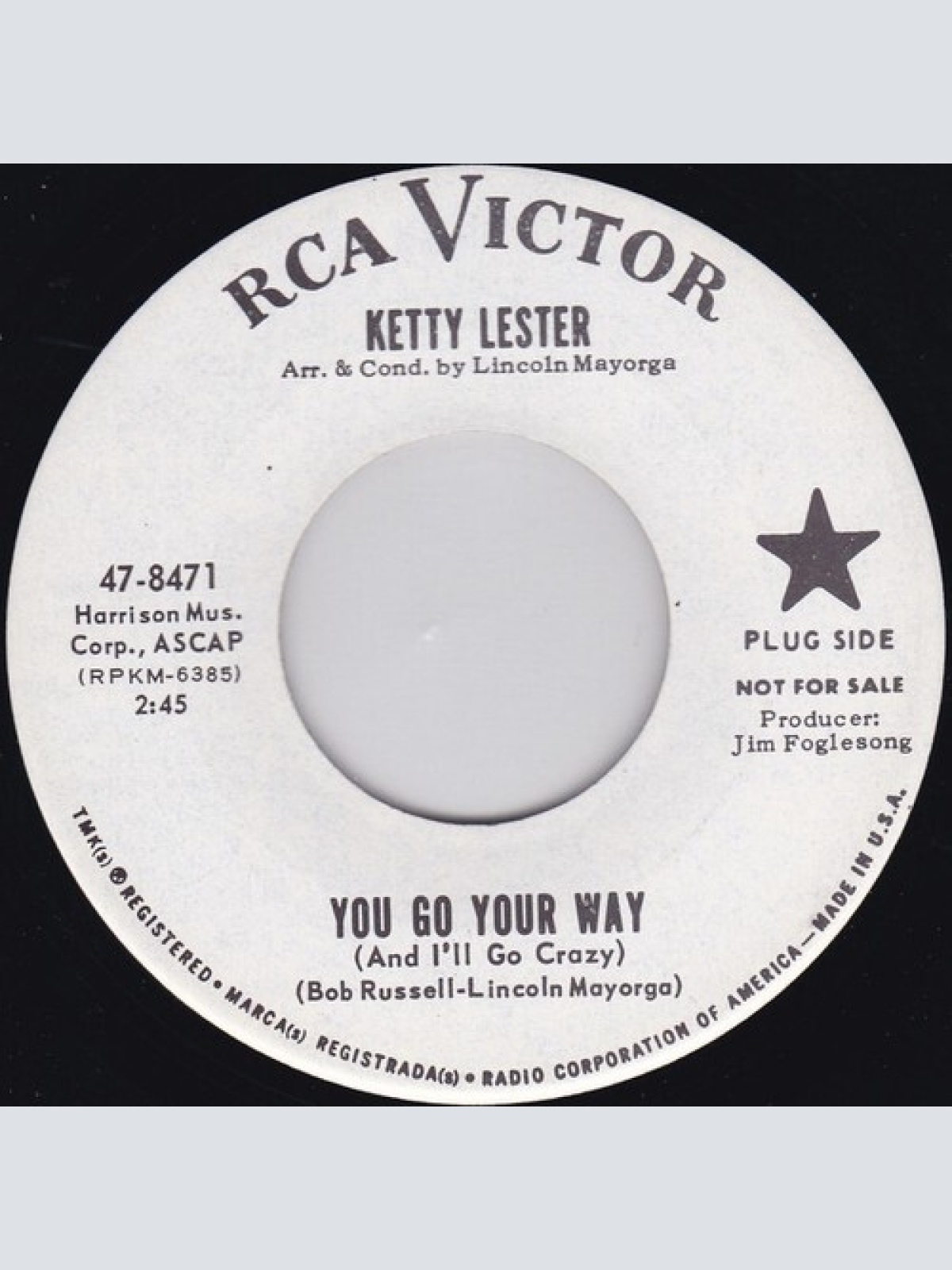 7", Promo Ketty Lester - You Go Your Way / Variations On A Theme By "Bird"