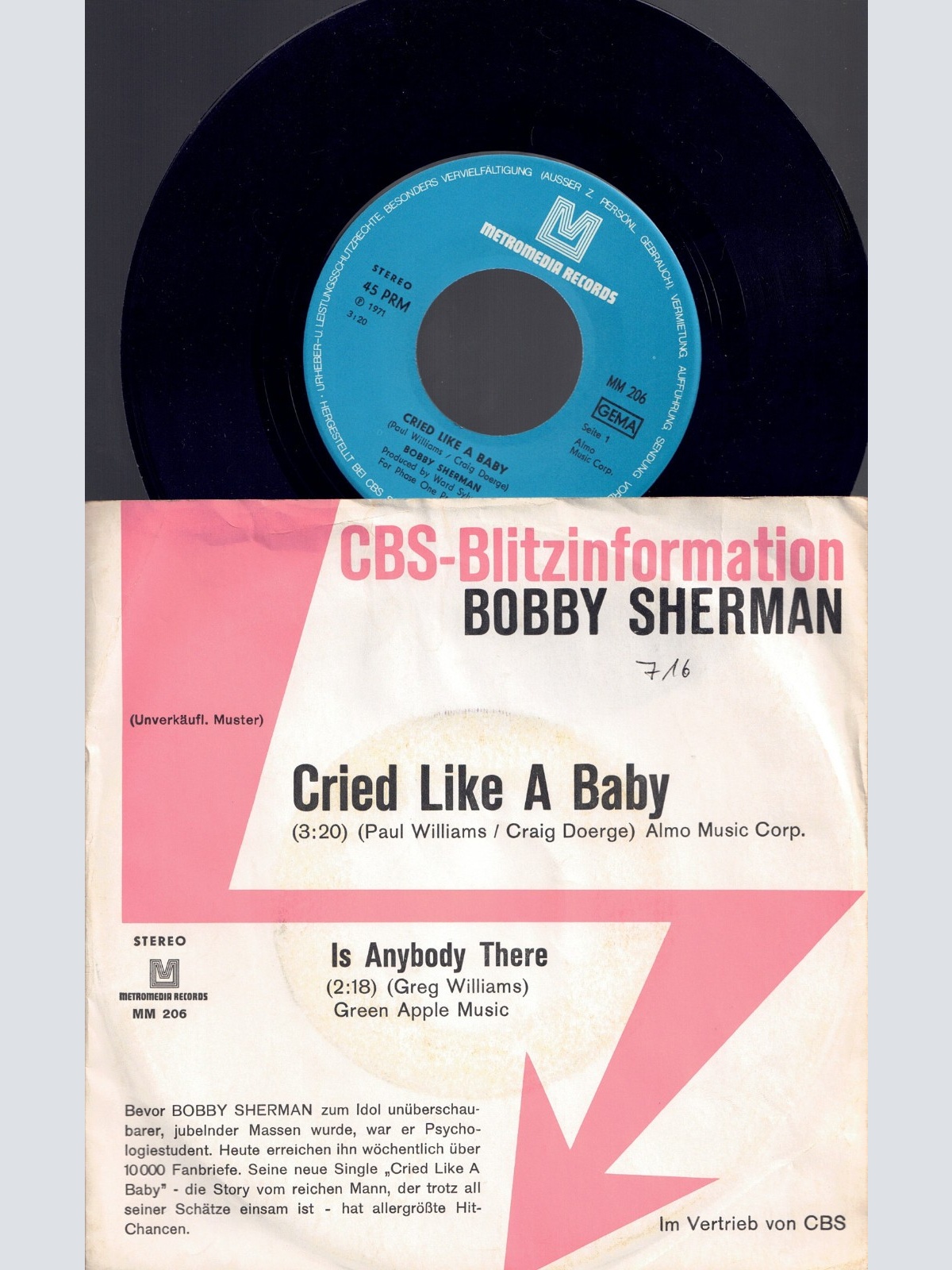7" Bobby Sherman Cried like a Baby   Promo