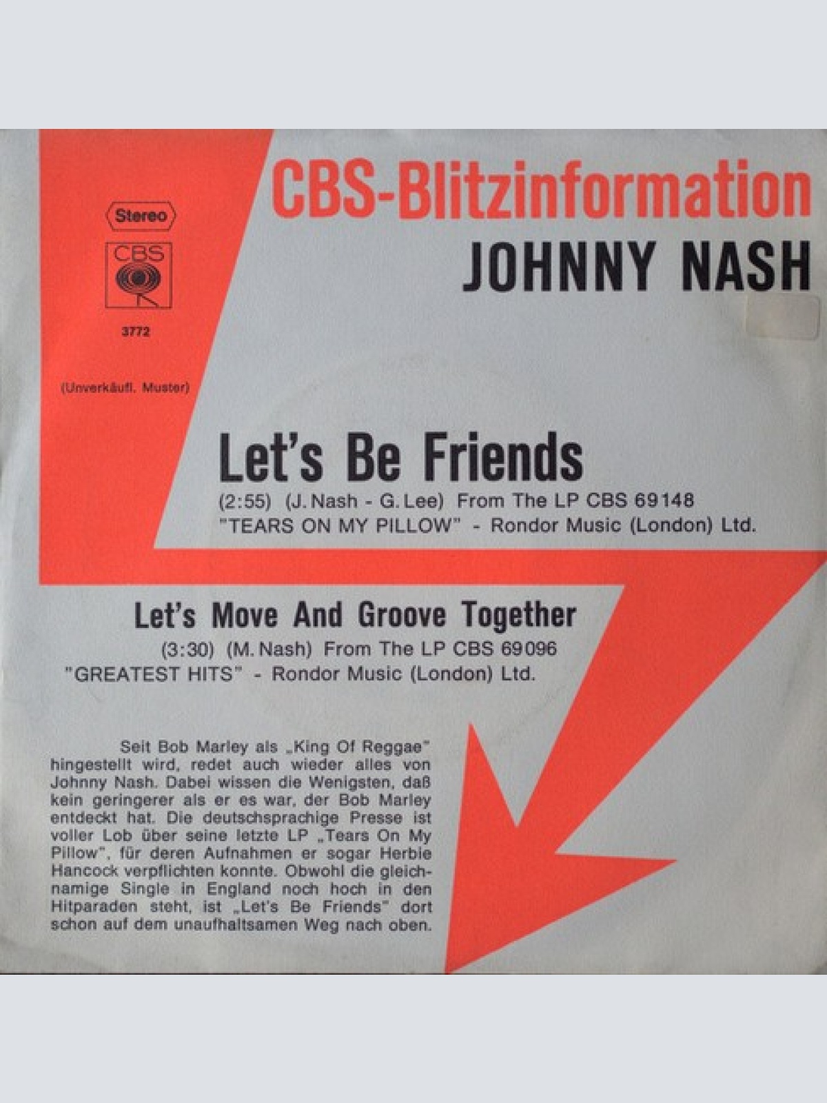 7", Promo Johnny Nash - Let's Be Friends / Let's Move And Groove Together