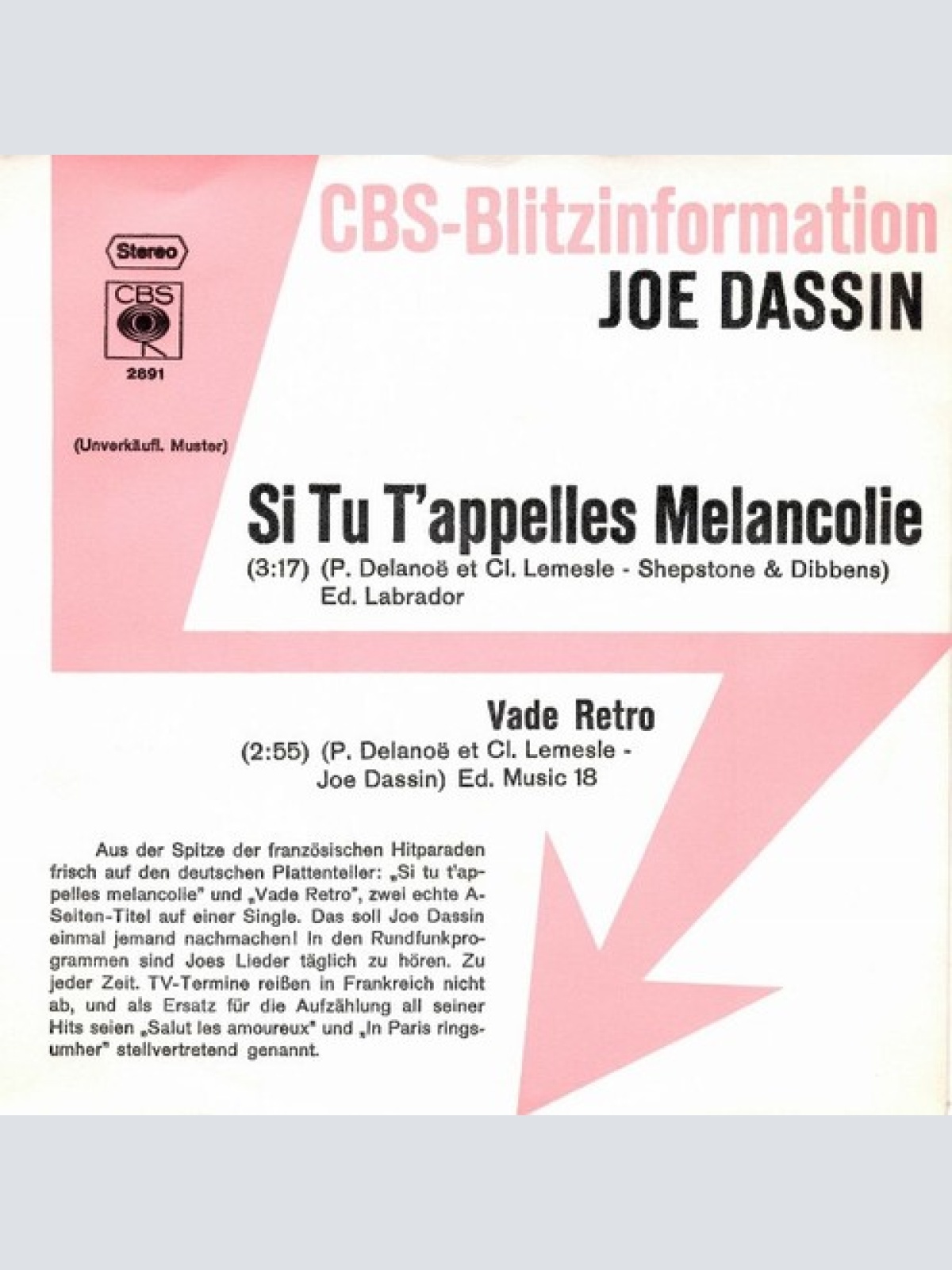 7", Single, Promo Joe Dassin - Si Tu T'appelles Mélancolie
