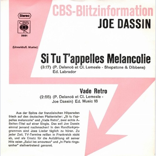 7", Single, Promo Joe Dassin - Si Tu T'appelles Mélancolie