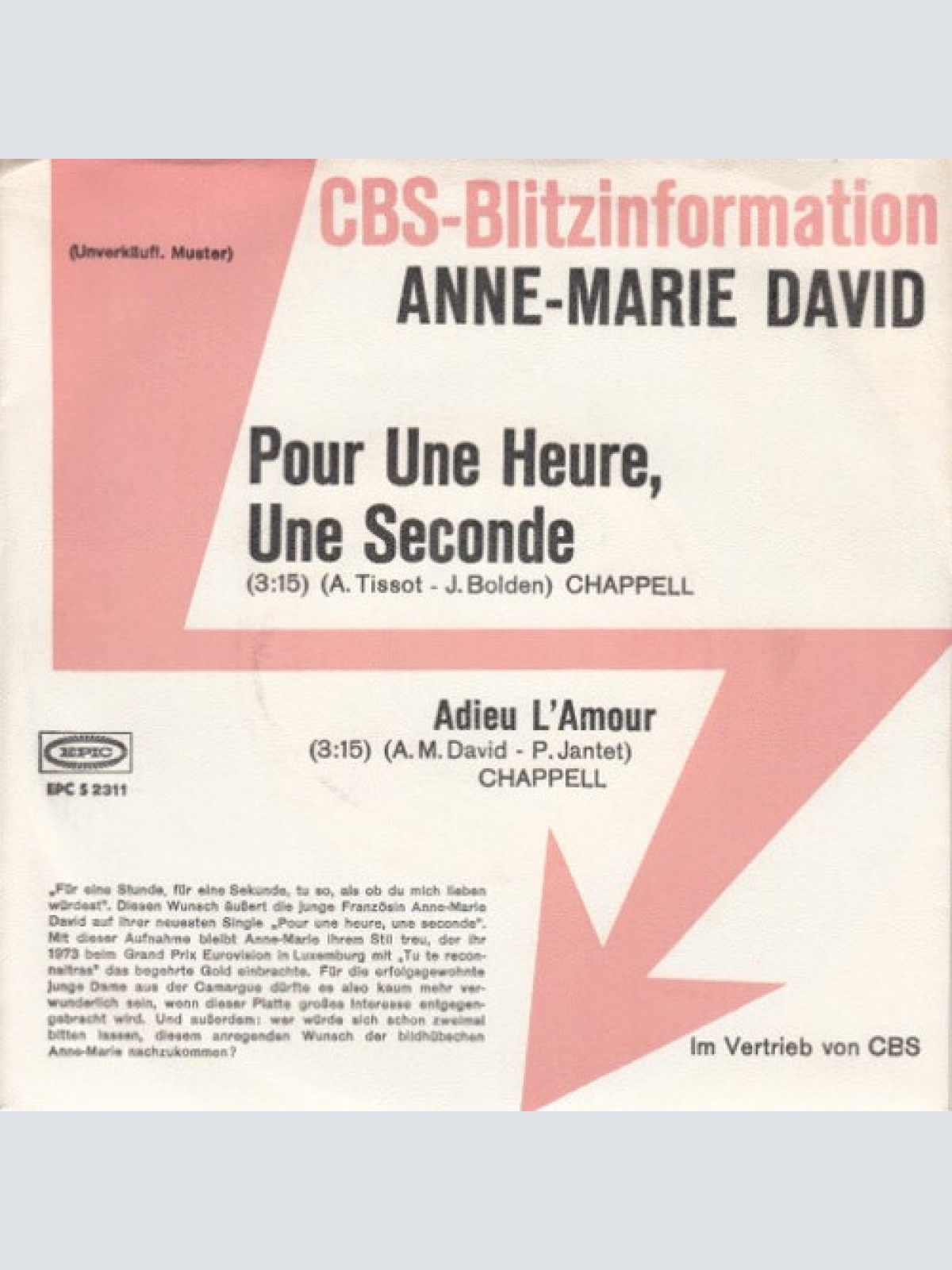 7", Single, Promo Anne-Marie David - Pour Une Heure, Une Seconde