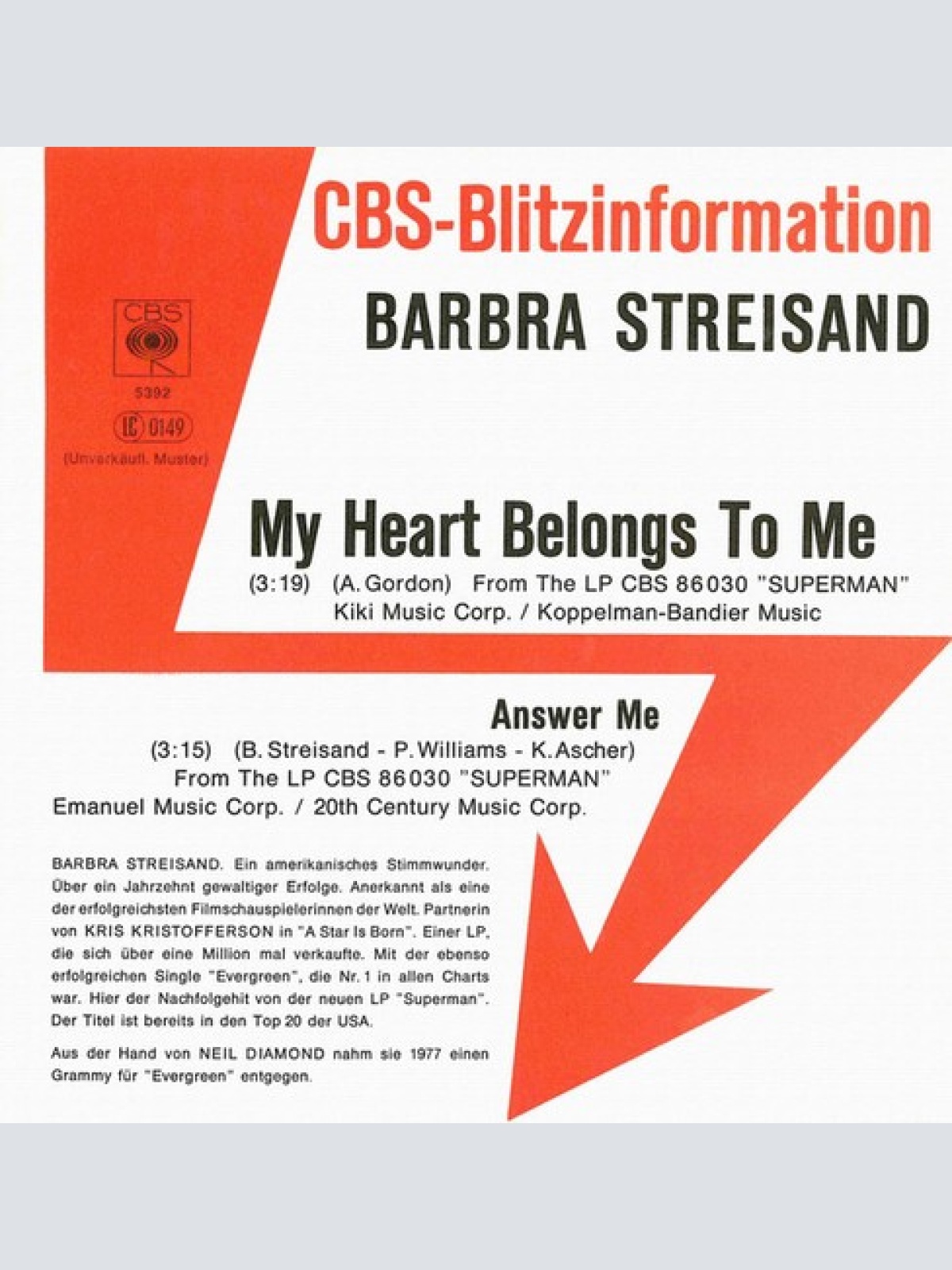 7", Single, Promo Barbra Streisand - My Heart Belongs To Me
