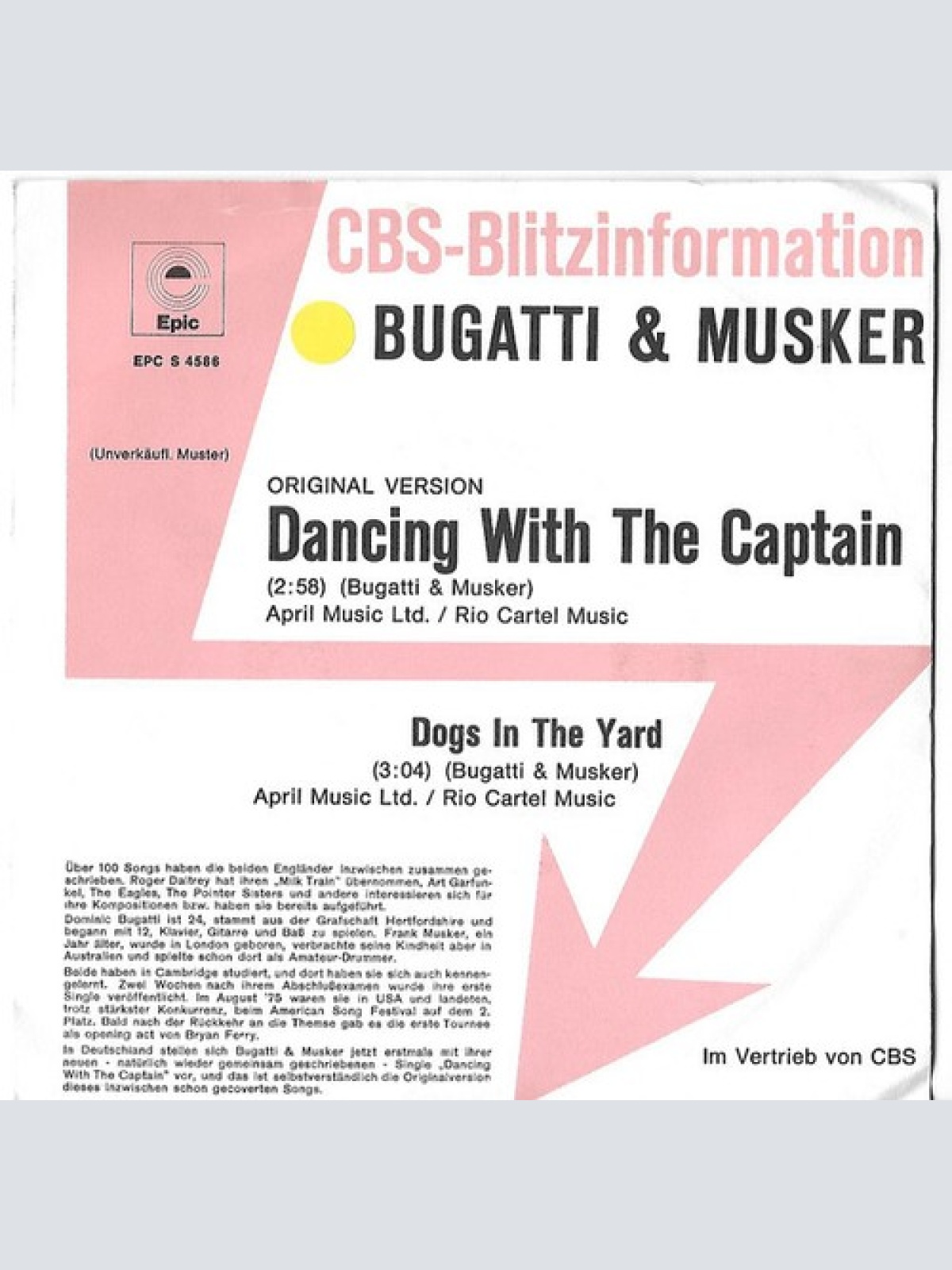 7", Single, Promo Bugatti & Musker* - Dancing With The Captain / Dogs In The ...