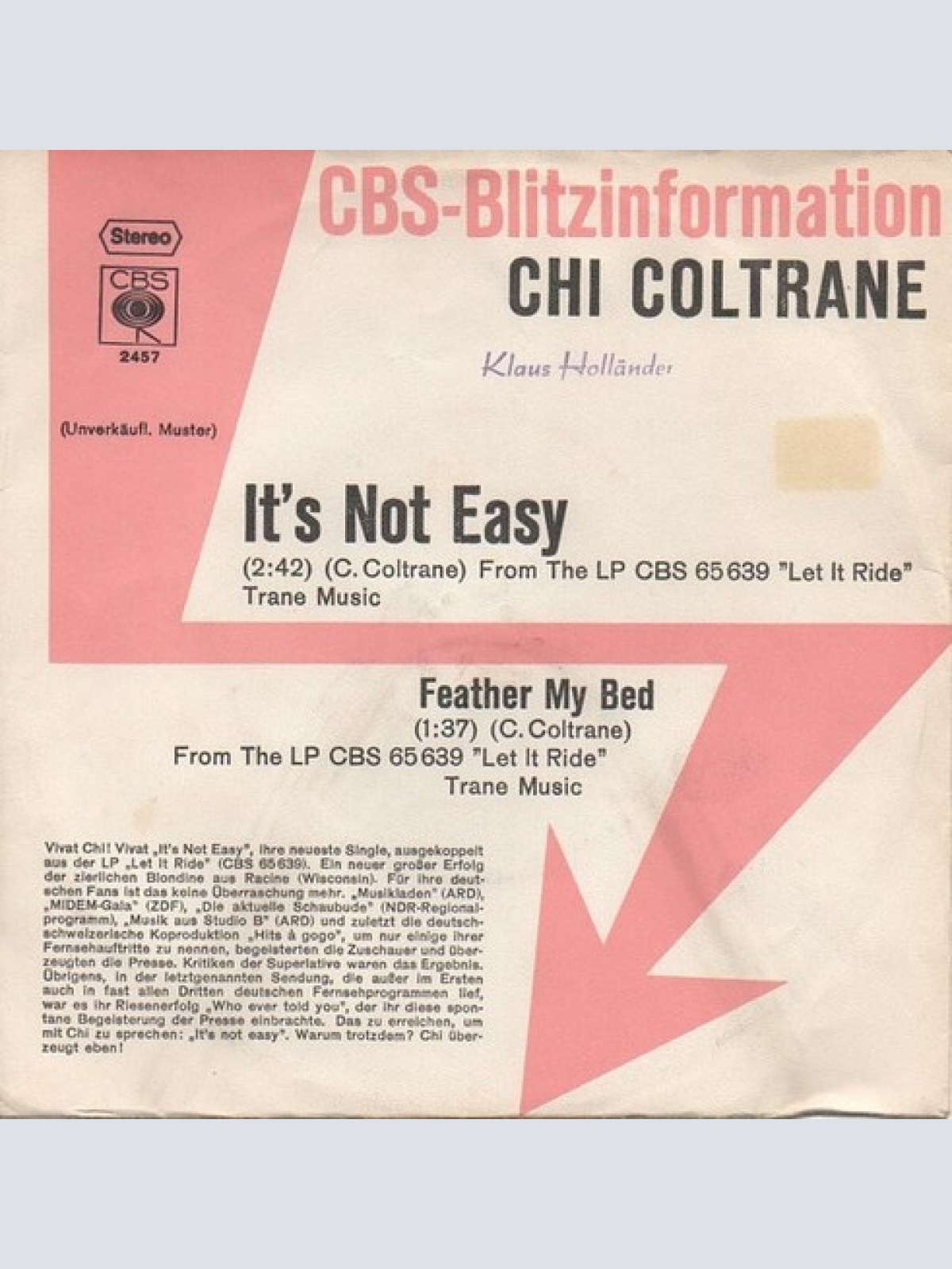 7", Single, Promo Chi Coltrane - It's Not Easy