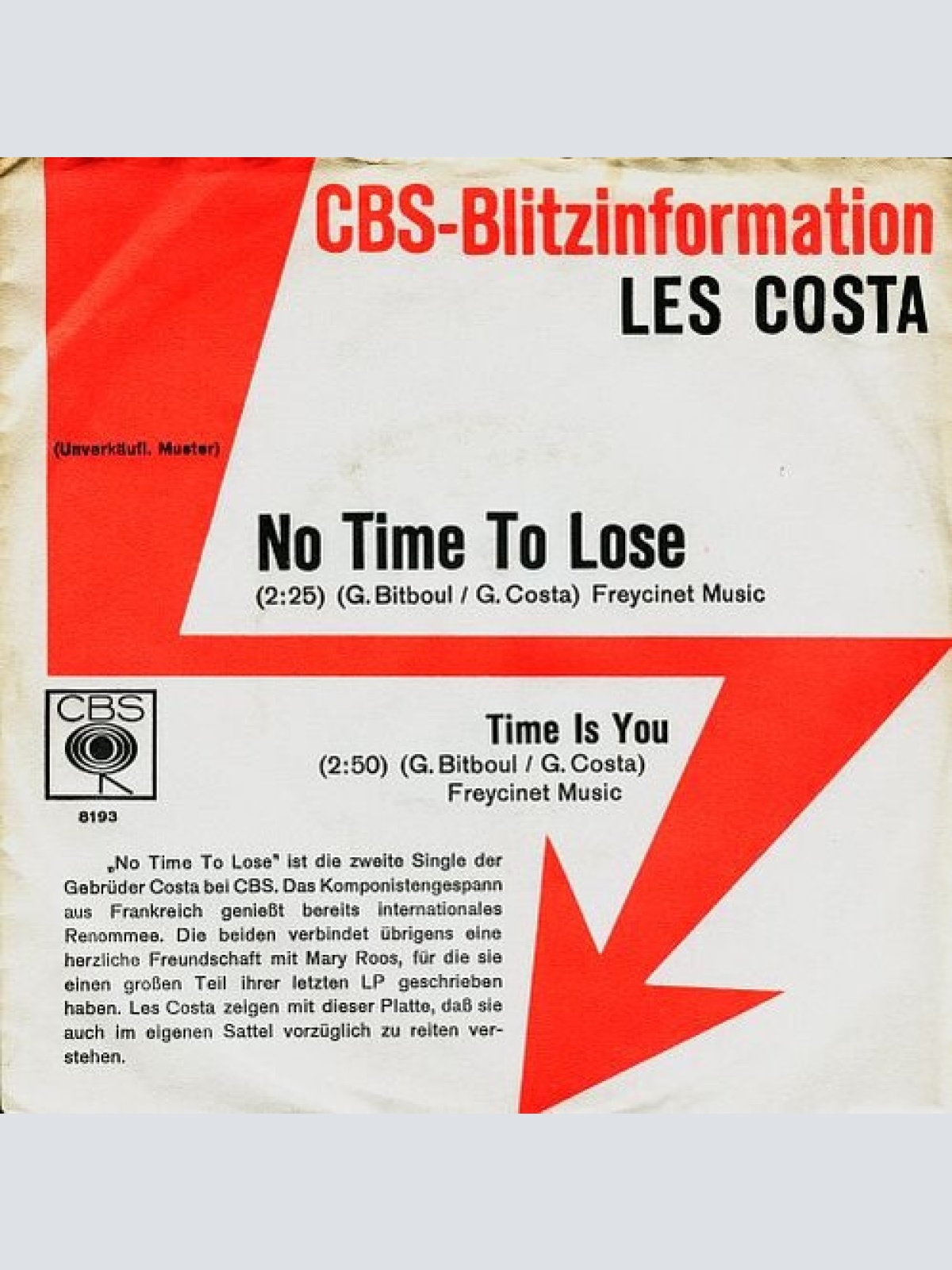 7", Single, Promo Les Costa - No Time To Lose