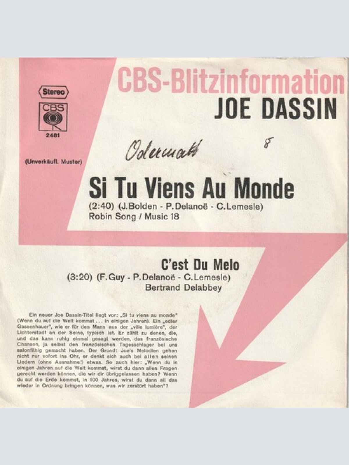 7", Single, Promo Joe Dassin - Si Tu Viens Au Monde