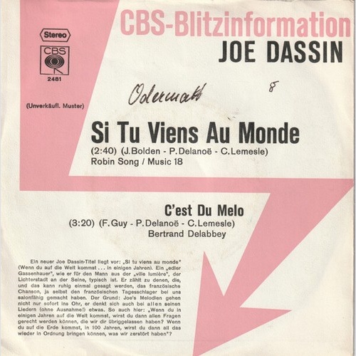 7", Single, Promo Joe Dassin - Si Tu Viens Au Monde
