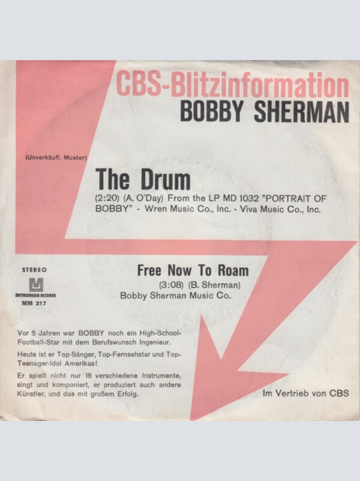 7", Single, Promo Bobby Sherman - The Drum / Free Now To Roam