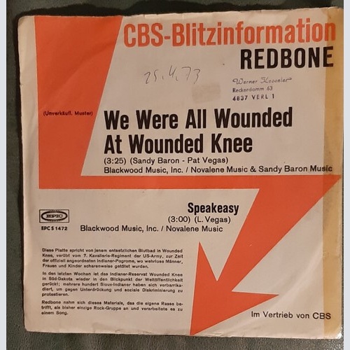 7", Promo Redbone - We Were All Wounded At Wounded Knee