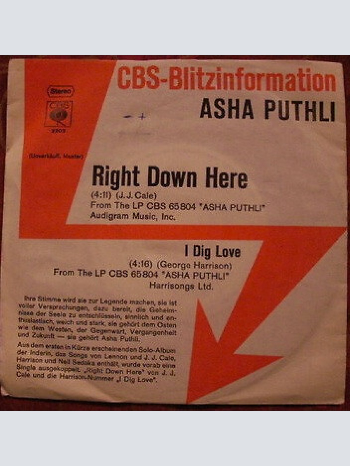 7", Single, Promo Asha Puthli - Right Down Here