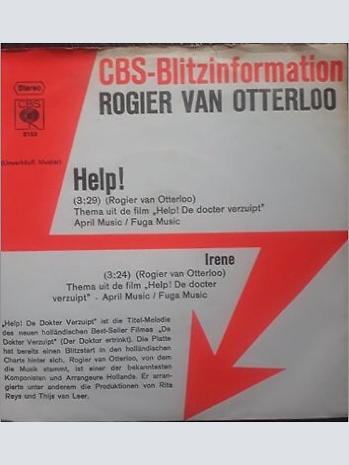 7", Promo Rogier Van Otterloo - Help! / Irene