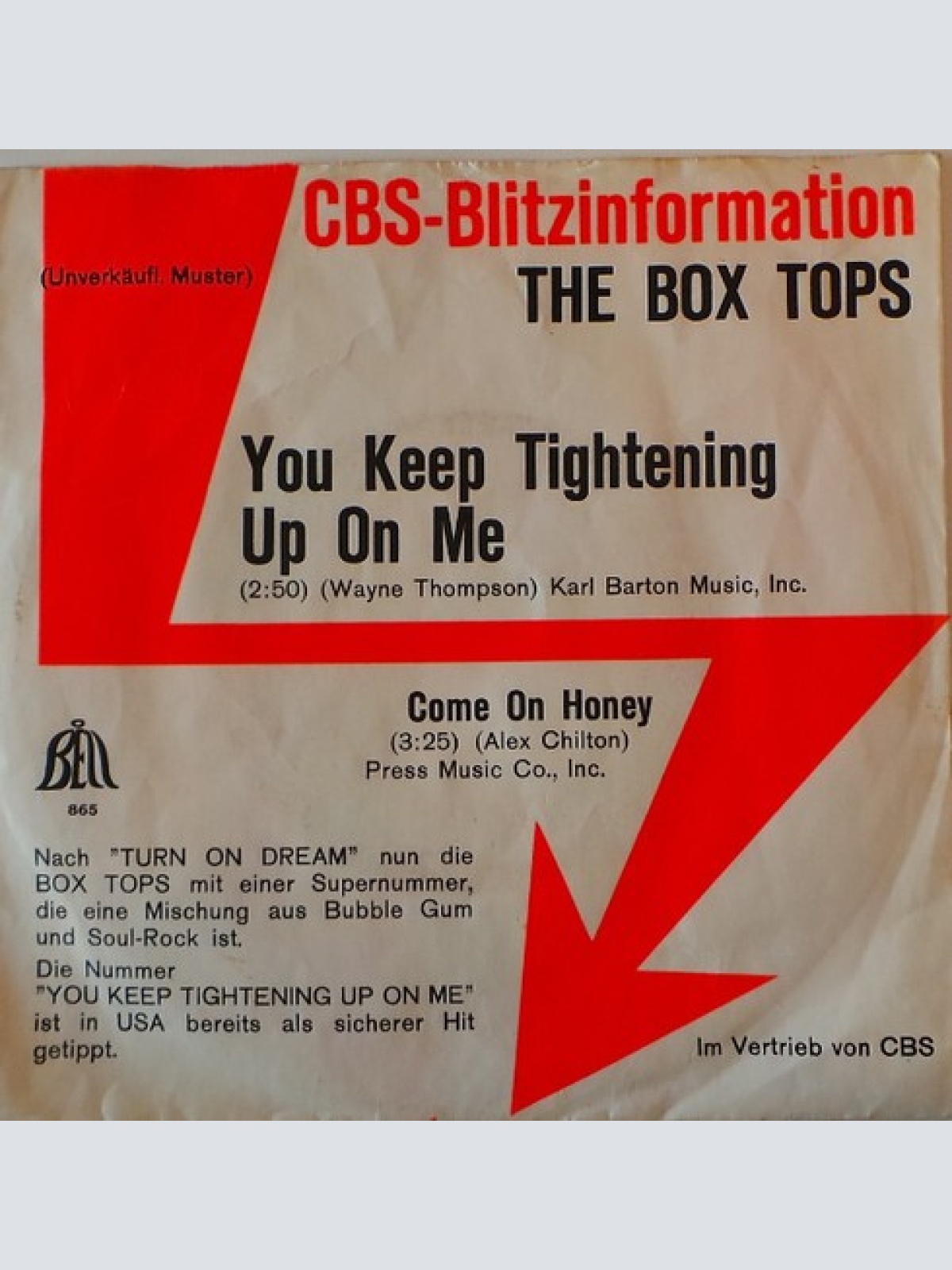 7", Single, Promo The Box Tops* - You Keep Tightening Up On Me / Come On Honey