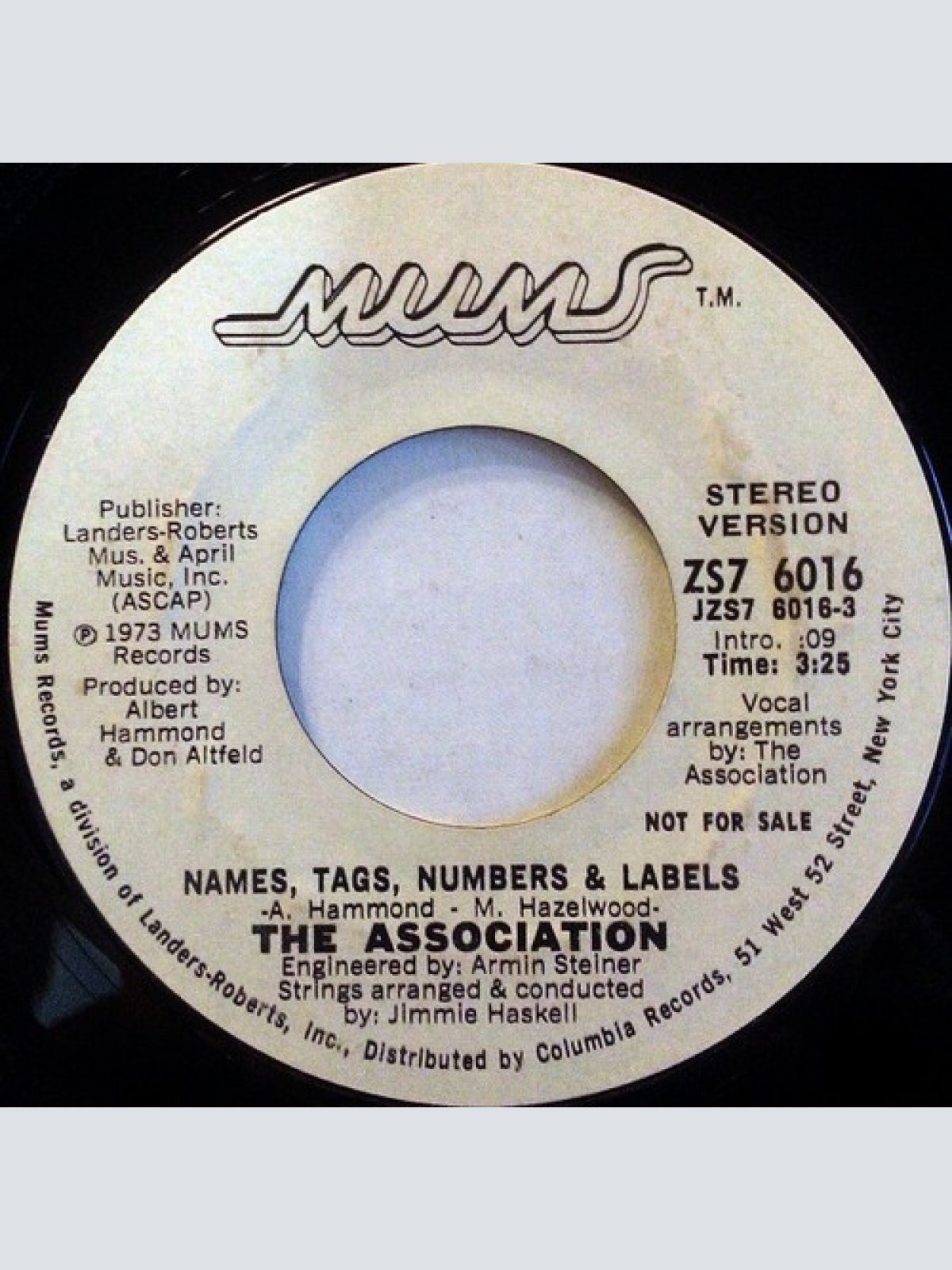 7", Mono, Promo The Association (2) - Names, Tags, Numbers & Labels