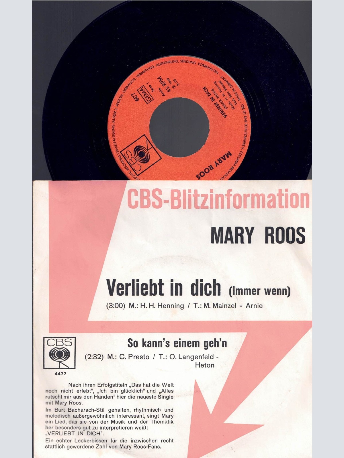 7", Mary Roos  Verliebt in dich   / Promo