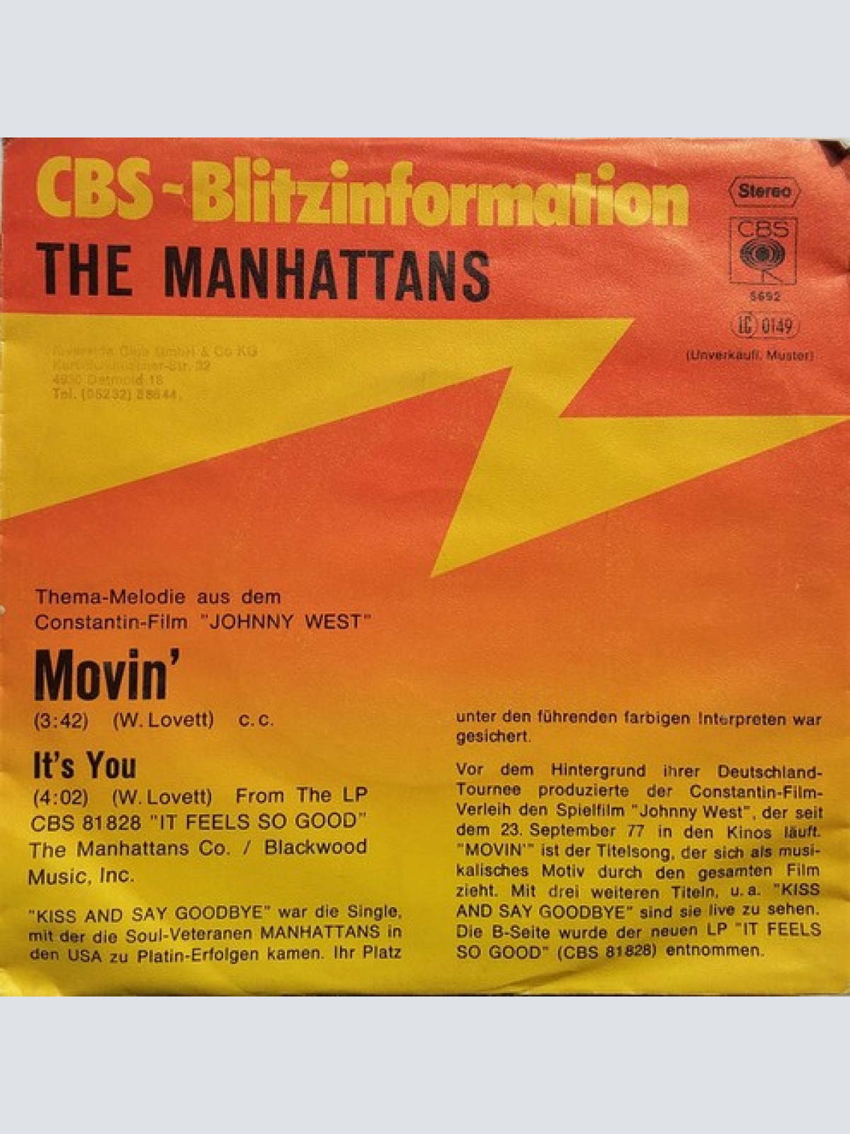 7", Single, Promo The Manhattans* - Movin'