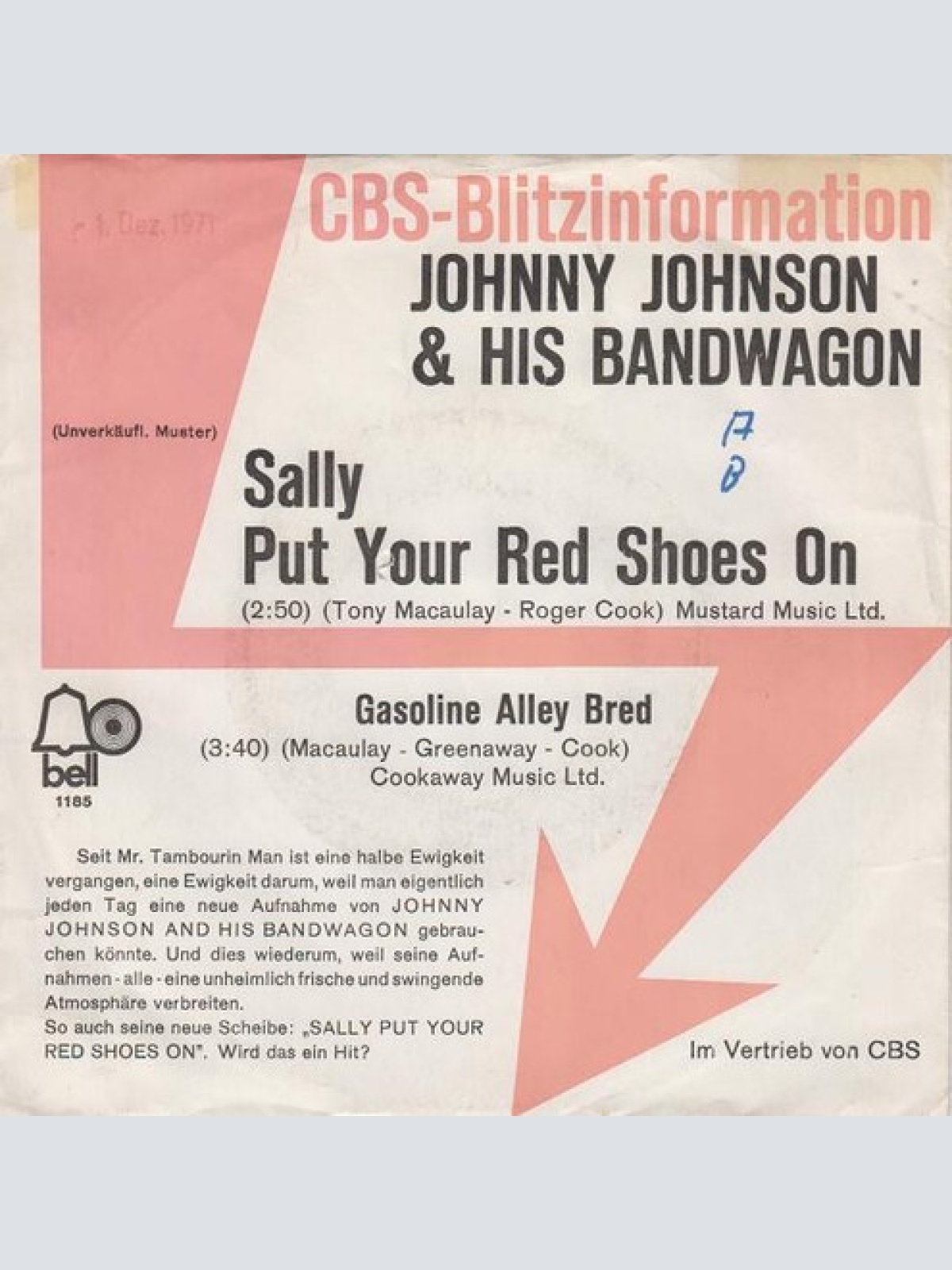 7", Promo Johnny Johnson & His Bandwagon* - Sally Put Your Red Shoes On