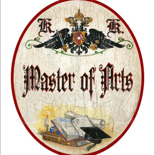 KuK Nostalgie Holzschild - Master of Arts - Bücher Studentenhut TH