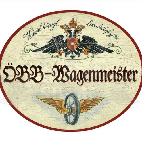 KuK Nostalgie Holzschild - Landesbefugter ÖBB-Wagenmeister - Flügelrad TH