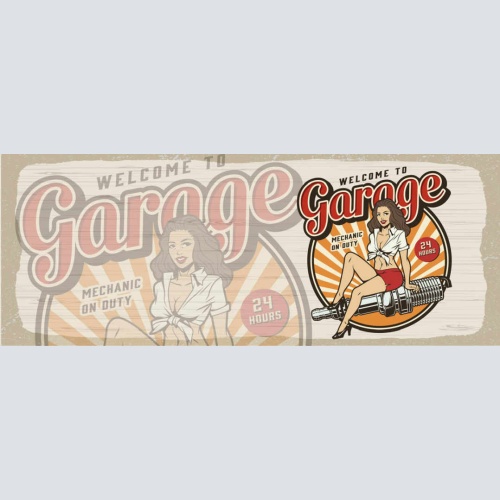 Schild Welcome To The Garage Mechanic On Duty Frau Auto 27x10 Blech od.Holz