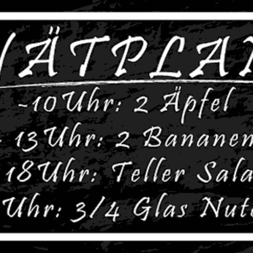 Schild Diätplan 10 Uhr 2 Äpfel 2 Bananen Teller Salat 3/4 Glas Nutella 27x10
