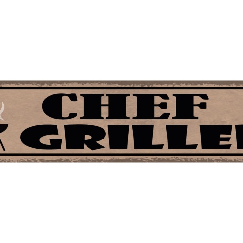 Schild Chef Griller Grillen Grill Fleisch BBQ Koch Mann 46 x 10 Blech od. Holz